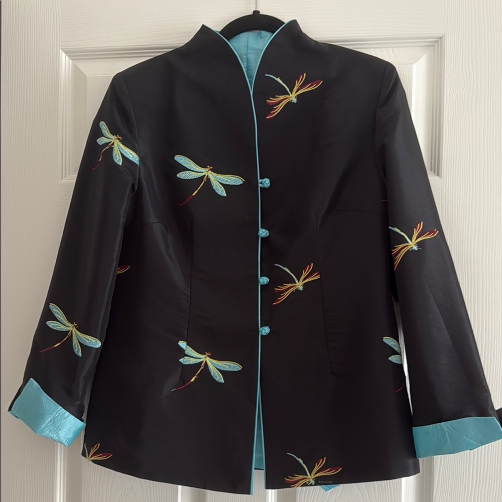 Sleek Black and Blue Silk Haute Couture Blazer for Versatile Style